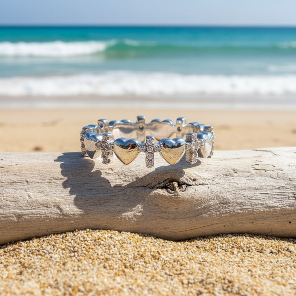 Simple Cross Heart Ring with Synthetic Zirconia